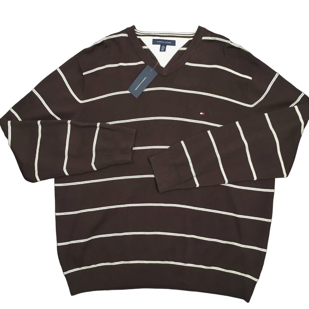 NEW Tommy Hilfiger Sweater!  Brown With White Stripes V Neck Tommy Flag on Chest